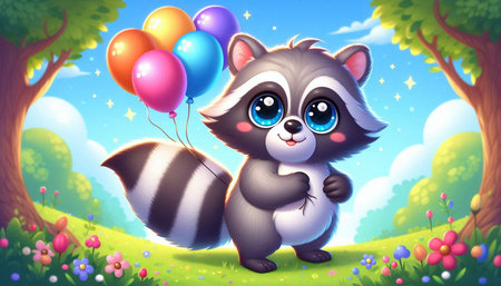 cartoon happy raccoon holding balloons in the forest illustration for childrenの写真素材