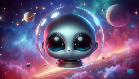 alien in space with planets and stars, 3d render, illustration