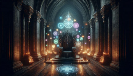 Mystical gothic interior with portal, columns and lights