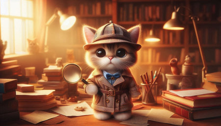 Cute cat in a hat with a magnifying glass and booksの写真素材