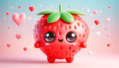 Strawberry character with hearts on blue background. 3D renderingの写真素材