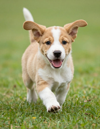 Adorable welsh corgi cardigan puppy running in the grass