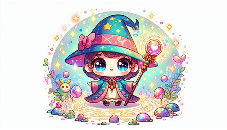 Illustration of a cute little witch with magic wand in the magic forestの写真素材