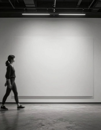 Woman walking in a modern gallery with a blank wall in the background