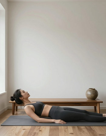 Side view of a young Asian woman practicing yoga in the living room