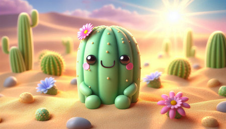 Cactus in the desert. 3d render illustration of cartoon character.の写真素材