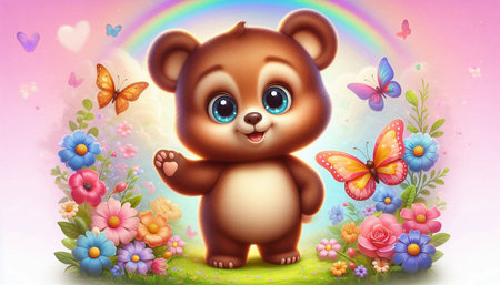 Cute cartoon bear with butterflies and flowers on a rainbow background.の写真素材