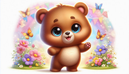 Cute cartoon bear on a rainbow background with flowers and butterflies.の写真素材