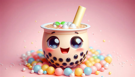Cute bubble tea cup with smiley face and colorful candies