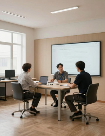 Business people sitting at table in meeting room, looking at laptop screen