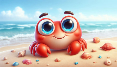 Cute cartoon crab on the beach. 3d render. Sea theme.の写真素材