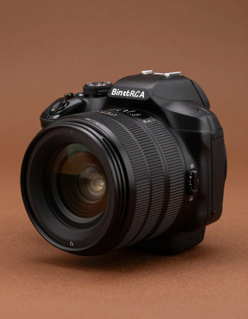 DSLR camera on brown background, close-up. Studio shot.