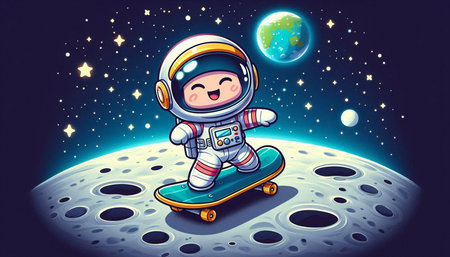 Cute cartoon astronaut riding a skateboard on the moon. Vector illustration.の写真素材