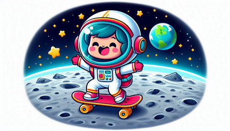 Astronaut on skateboard in the moonlight. Vector illustration.の写真素材