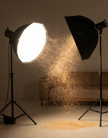 Photo studio with lighting equipment, softbox and flood light effect.