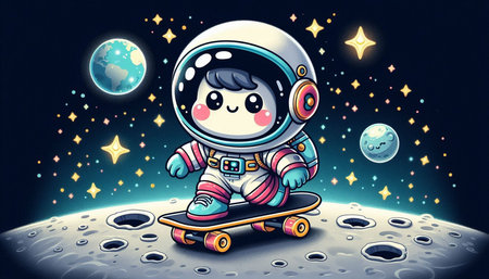 Illustration of a Cute Little Astronaut on a Skateboardの写真素材