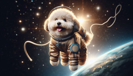 Puppy astronaut in spacesuit. Mixed media. Mixed media