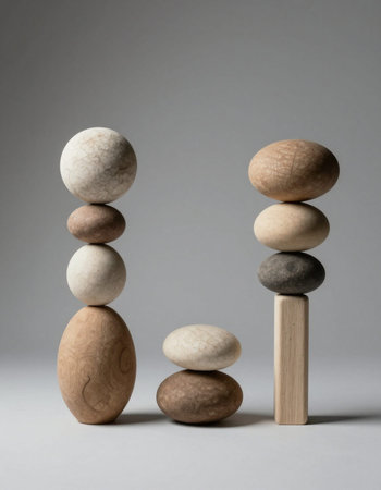 Three wooden pebbles standing on top of each other on gray background