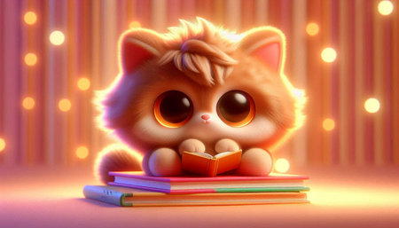 Cute cat with book and pencils. 3D illustration.