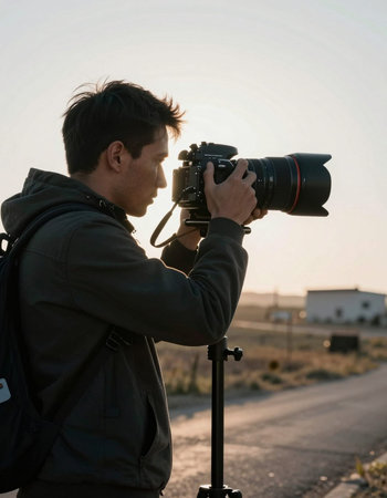 Photographer with camera on tripod taking photo of rural landscape at sunset
