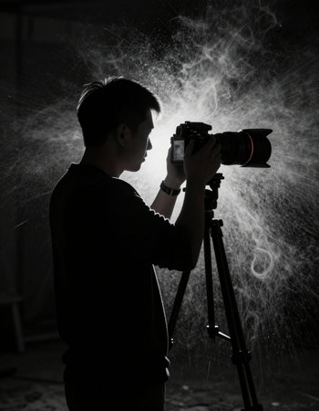 Silhouette of a boy with a camera in a dark room.