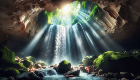 Underwater view of a waterfall in a cave. 3d rendering