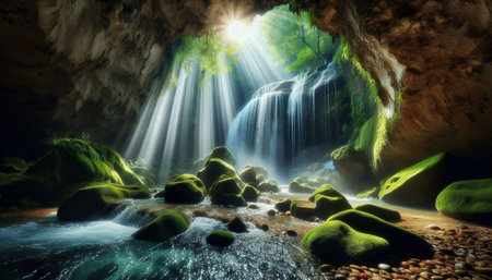 Beautiful fantasy landscape with a waterfall in the cave. 3d rendering