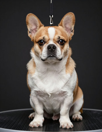 Studio shot of cute purebred French bulldog sitting on black background.の写真素材