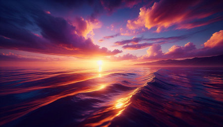 Beautiful seascape. Sunrise over the sea. 3d render