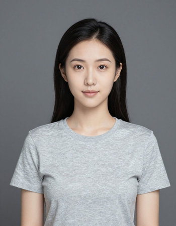 Young asian woman with grey t-shirt isolated on gray background