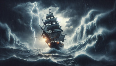 Pirate ship in stormy sky. Mixed media. Mixed mediaの写真素材