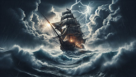 Pirate ship in stormy sea. Mixed media. Mixed media