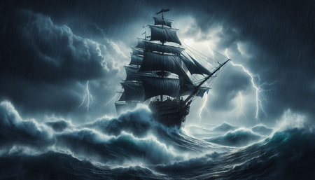 Pirate ship in stormy sea with lightning. 3D renderingの写真素材