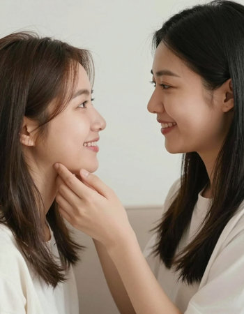 two asian women looking at each other, closeup