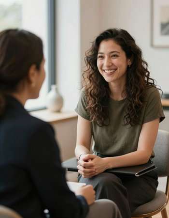 Smiling businesswoman sitting in office, talking with another businesswoman