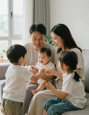 Happy asian family playing together on sofa in living room at home