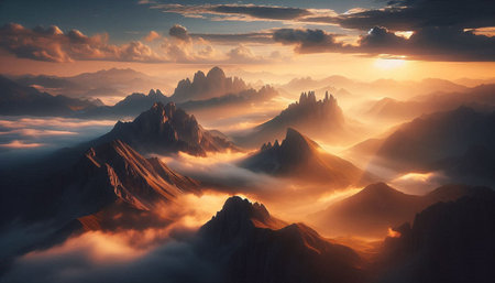 Mountain landscape. Sunrise over the clouds. Sunrise in the mountains.