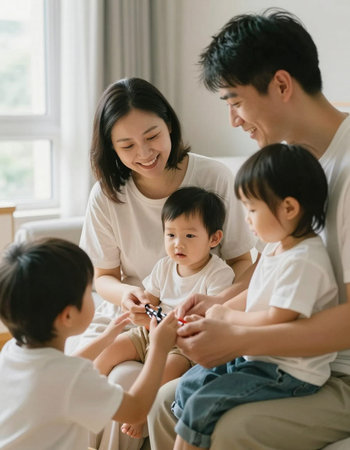 Happy asian family playing together at home. Mother, father and children playing together.