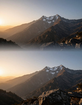 Mountain landscape at sunrise in Himalayas, Uttarakhand, India