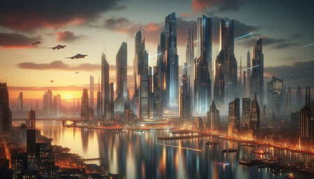 Shanghai skyline at sunset, China. Photo collage.の写真素材