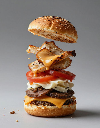 Cheeseburger with cheese, tomato and onion on gray backgroundの写真素材