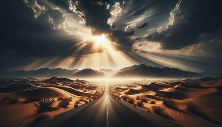 Desert road through sand dunes at sunset. 3d renderingの写真素材