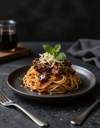 Spaghetti Bolognese with parmesan and basil, black background