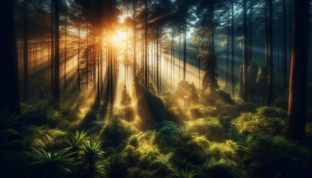 Fantasy forest with rays of light shining through the trees. 3D Rendering