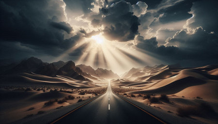 Asphalt road through the Sahara desert at sunset. 3d renderingの写真素材