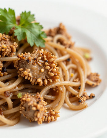 spaghetti with mushrooms and sesame on a white plate closeup