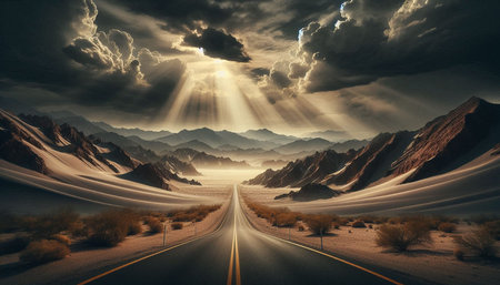 Highway in the desert with rays of light coming through the cloudsの写真素材