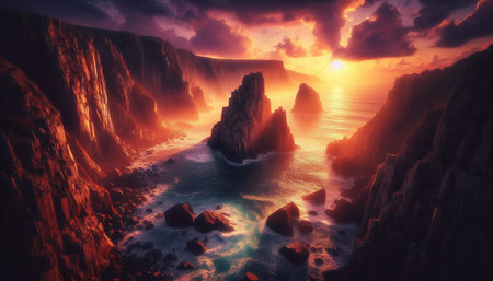 Fantasy landscape with sea and cliffs at sunset. 3d illustrationの写真素材