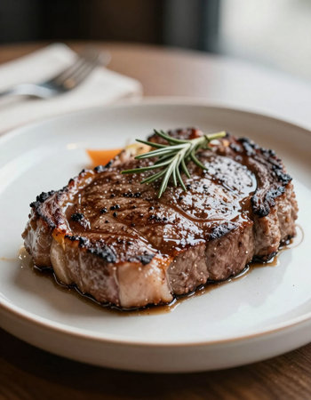 grilled beef steak with rosemary and sauce on a white plate