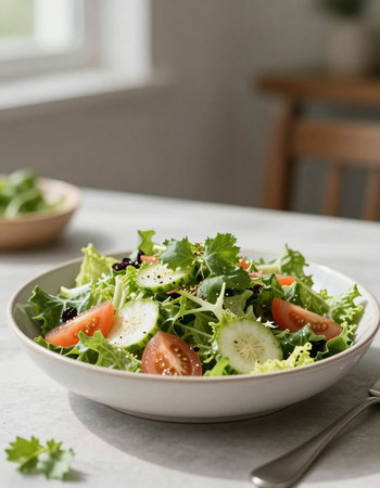 Fresh salad with tomatoes, cucumbers and greens in a white bowl
